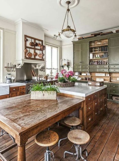 Bakers Island Kitchen, Australian Country Kitchen, Kitchen With Antique Furniture, Victorian Kitchen Island, Country Kitchen Designs Farmhouse Style, 1700s Kitchen, French Country Island, French Colonial Kitchen, Two Tier Kitchen Island