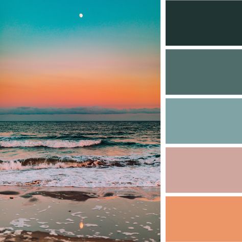 Coastal Color Palettes, Beachy Color Palette, Beach Color Palettes, Sunset Color Palette, Coastal Color Palette, Sunset Palette, Color Palette Inspiration, Beachy Colors, Sunrise Colors