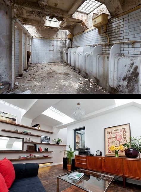 Public toilet Converted into a Home Underground Apartment, Underground House Plans, Concrete Room, Underground House, Velvet Chesterfield Sofa, Public Toilet, Interesting Architecture, Palace London, Unusual Buildings