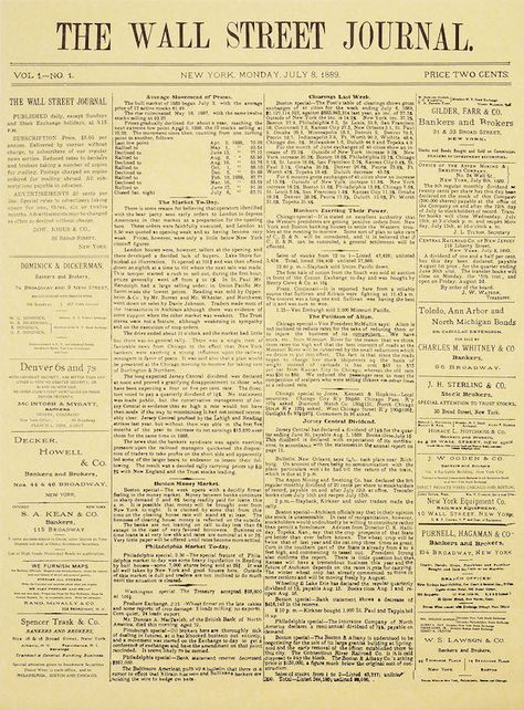 The Front Page Of The First Edition Of ‘The Wall Street Journal’ From 1889 Journal Business, Wall Storage Systems, Nyc History, Journal News, Newspaper Design, Today In History, Dow Jones, The Wall Street Journal, Family Wall