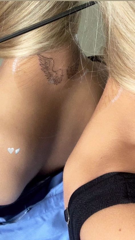 Angle Wings Tattoo Back Of Neck, Wing On Neck Tattoo, Angel Wings Tattoo Aesthetic, Angel Wings Behind Neck Tattoo, Angel Wings On Back Of Neck, Aesthetic Angel Wings Tattoo, Warrioress Tattoo, Angel Wings Neck Tattoos Women, Angel Wing Spine Tattoo