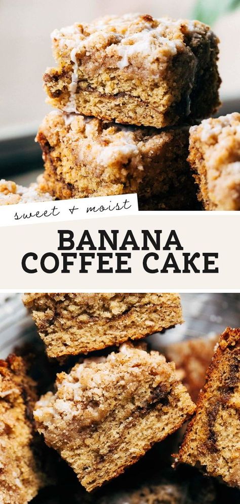 This banana coffee cake is absolute bliss. Not only is moist like banana bread, but it’s also swirled with cinnamon sugar and topped with a sweet and crumble crumble. If you love coffee cake, you've got to try this one! Coffee Shop Desserts, Banana Coffee Cake Muffins, Banana Breakfast Cake, Coffee Banana Bread, Bread Items, Cake With Caramel Sauce, Banana Coffee Cake, Butternut Bakery, Banana Coffee Cakes