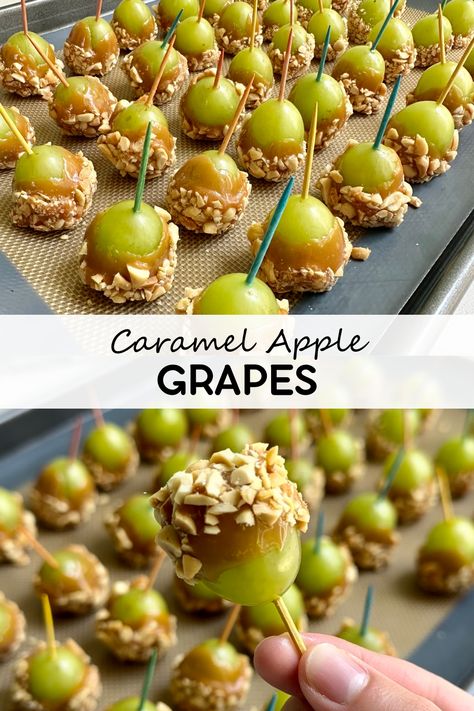 Crisp green grapes get dipped in caramel, then in chopped peanuts for the perfect bite-sized treat that tastes like caramel apple in every bite! Caramel Apple Grapes, Grape Snacks, Grape Recipes, Green Grapes, Apple Desserts, Caramel Apple, Autumn Flavors, Yummy Cookies, Favorite Desserts