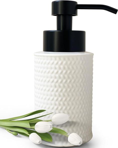 UNBONSOUHAIT 10 Oz Foaming Soap Dispenser for Bathroom,Kitchen Foam Soap Dispenser,Refillable Modern Foam Pump Bottle,Black Ceramic Foaming Hand Pump Dispenser (White Weave) : Amazon.ca: Home Hand Soap Dispenser Bathroom, Black Soap Dispenser Bathroom, Bathroom Soap Dispenser Ideas, Cozy Bathroom Decor, Black Hardware Bathroom, Restroom Ideas, Hand And Dish Soap Dispenser, Bathroom Toilet Decor, Matte Black Bathroom Accessories