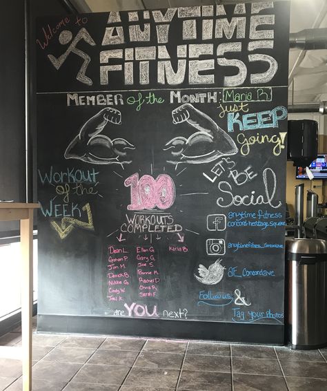 Anytime Fitness- Concord Heritage Square Chalkboard Gym Blackboard Ideas, Fitness Chalkboard Ideas, Gym Whiteboard, Office Chalkboard Ideas, Gym Chalkboard Ideas, Anytime Fitness Chalkboard, Gym Chalkboard, Weightlifting Platform, Anytime Fitness Gym