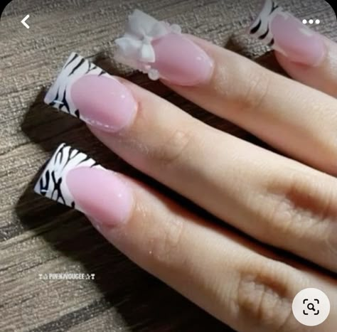 Zebra Nails Acrylic French Tip, French Tip With Zebra Print, Cute Duck Nail Ideas, Duck Nails Zebra Print, Zebra Print Duck Nails, White French Tip Duck Nails, Black And White Duck Nails, Duck Nails Simple, Nails Duck Shape