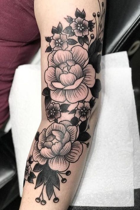 Tattoo Sleeve Fillers, Tattoo Sleeve Filler Ideas, Sleeve Filler Ideas, Traditional Tattoo Sleeve Filler, Traditional Peony, Black Flowers Tattoo, Sleeve Filler, Tattoo Sleeve Filler, Traditional Black Tattoo