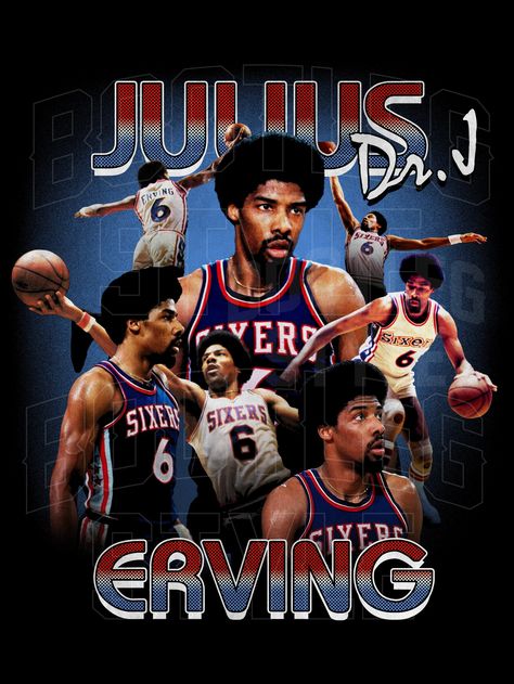 This 90s bootleg style t-shirt featuring Julius Erving (aka Dr. J) playing for Philadelphia was created by a team of designers who are true basketball fans.    Our shirts are inspired by 1990s bootleg culture where street artists created popular unofficial merchandise featuring rappers and other artists. Each shirt features bold designs and edgy typography that give it that authentic retro feel.   Take your wardrobe to the next level without breaking the bank. Get your hands on this premium clas Sports Shirts Design, Edgy Typography, Julius Erving, Dr J, Vintage Basketball, Basketball Fans, Basketball Shirts, Street Artists, Design T Shirt