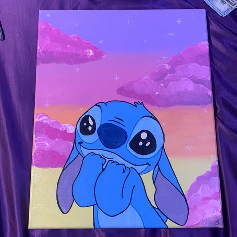 Stitch Painting Stitch And Angel Painting Canvases Easy, Cute Stitch Painting, Easy Stitch Painting, Painting Ideas On Canvas Stitch, Painting Ideas Stitch, Stitch Disney Painting, Stitch Painting Ideas, Stitch Painting Canvases Easy, Stitch Acrylic Painting