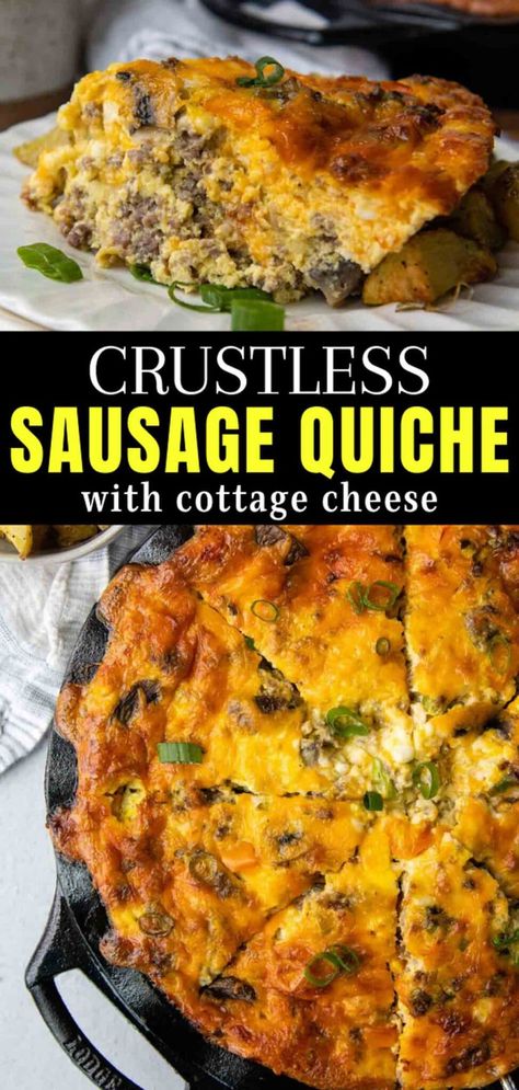 Quiche With Cottage Cheese, Sausage Quiche Recipes, Breakfast Quiche Recipes Easy, Quiche Recipes Crustless, Easy Breakfast Dishes, Cottage Cheese Recipes Healthy, Gluten Free Quiche, Cheese Quiche Recipe, Sausage Quiche