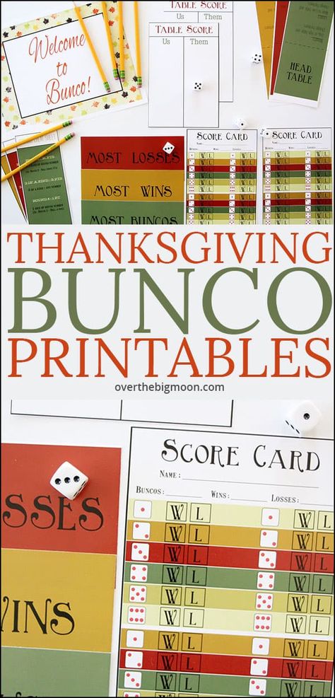 These Thanksgiving Bunco Printables are sure to help take your Thanksgiving Bunco to the next level! Free Printable Welcome Sign, Score Cards, Table Cards, Table Score Sheet Scoring Cheat Sheet, and Gift Tags! Just download, print and play! From overthebigmoon.com #thanksgivinggames #bunco #buncoprintables #thanksgivingbunco #thanksgivinggamenight #novemberbunco #novembergamenight #novembertraditions Bunco Sheets Free Printable, Bunco Cards Printable Free, Bunko Score Cards Printables Free, Thanksgiving Bunco Score Sheets Free, Bunco Party Themes November, Bunco Printables, Thanksgiving Bunco Score Sheets, November Bunco Themes, November Bunco Ideas