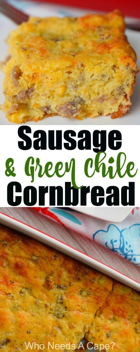 Sausage & Green Chile Cornbread is almost a meal in itself. Perfect for brunch or as part of a holiday meal. You'll love this deliciously easy side dish. #ad #JimmyDeanRollSausage @tysonfoods #casserole #sausage #cornbread #holidayfood #brunch #easyrecipe #cheese #greenchilies #holidayparty #entertaining Chile Cornbread, Cornbread Breakfast, Green Chile Cornbread, Sausage Cornbread, Sausage Cornbread Stuffing, Cornbread Recipes, Mexican Cornbread, Chili And Cornbread, Best New Recipes