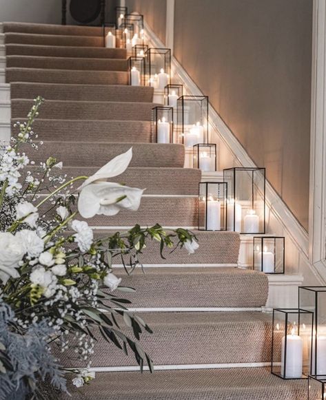 Candle Staircase, Candle Stairs, Indoor Lanterns Decor, Staircase Flowers, Wedding Staircase Decoration, Paper Luminaries, Wedding Stairs, Wedding Staircase, Christmas Decor Party