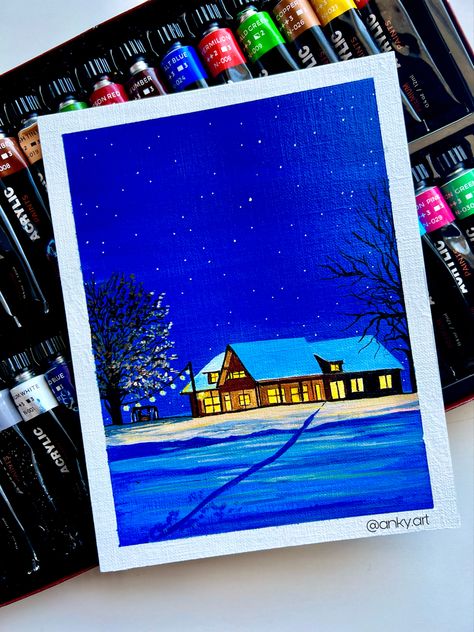 Sketchbook Painting, Snowy Night, Winter Art Projects, Painting Collection, Creative Bookmarks, Art Painting Tools, Colour Art, Simple Canvas Paintings, Easy Canvas Art