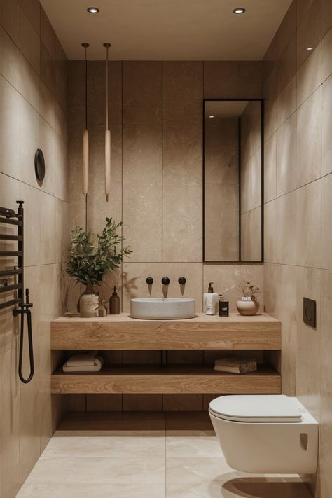 Transform your bathroom with minimalistic design and nature-inspired details. Soft beige tiles, clean fixtures, and lush greenery create a warm, clutter-free retreat. #MinimalistBathroom #BathroomDesign #NatureInspiredDecor #NeutralBathroom #BathroomGoals #ClutterFreeLiving #GreeneryDecor #WarmInteriors #BathroomInspo #InteriorStyling Small Bathroom Beige Tile, Bathroom Beige Tile, Dormer Bathroom, Modern Kids Bathroom, Apartment Bathroom Design, Inviting Bathroom, Earthy Bathroom, Cozy Bathroom, Natural Bathroom