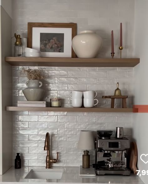 Shelving Above Coffee Bar, Coffee Bar Shelves Decor, Minimalistic Coffee Bar, Coffee Bar Open Shelving, Coffee Shelf Ideas, Kitchen Shelves Decor, Coffee Bar Styling, Kitchen Floating Shelves, Kitchen Shelf Decor