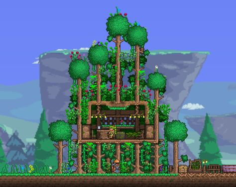 a3lita loves building her #Terraria houses in living trees, but this takes it to a whole new height. Terraria Treehouse Terraria Treehouse, Terraria Castle, Terraria Game, Terraria Tips, Terrarium Base, Terraria House Ideas, Terraria House Design, Live Tree, Terraria