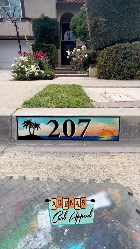 Our very own Beach design created by the one only Arenas Curb Appeal🧡👍🏽 #curbpainting #arenascurbappeal #curbappeal #addressnumbers #address #curbart #beach #beachvibes #curbaddressnumbers #modernhome #theoriginals | Arenas Curb Appeal | The Beach Boys · Surfin' Safari Curb Number Painting, Curb Painting Address Ideas, Coastal Aesthetic, Address Numbers, Beach Boys, The Beach Boys, Beach Design, Paint Designs, Old House