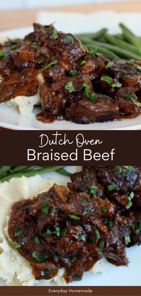 Simplify your dinner routine with this easy one-pot Dutch Oven Braised Beef. Indulge in the rich, tender goodness of beef steak tips enveloped in a savory mushroom gravy. This comfort food classic is easy to make and perfect for those cozy nights. Dutch Oven Steak, Dutch Oven Roast Beef, Oven Steak Recipes, Oven Steak, Easy Dutch Oven Recipes, Comforting Recipes, Braised Beef Stew, Steak With Mushroom Gravy, Braised Beef Recipes