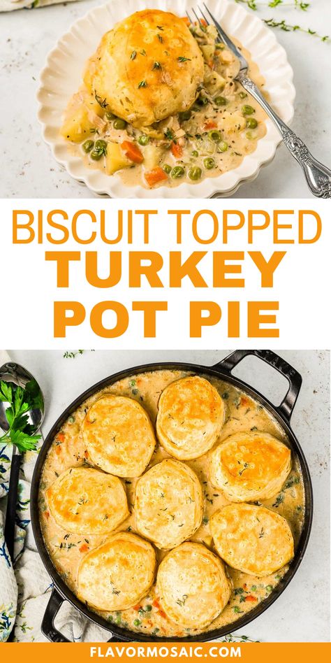 Warm up with a comforting Biscuit Topped Turkey Pot Pie, where tender turkey mingles with hearty vegetables in a creamy broth, all topped with golden, flaky biscuits. This cozy dish transforms leftover turkey into a family favorite, perfect for chilly evenings. Baked to perfection, each bite delivers satisfaction and nostalgia. Serve it hot, garnished with fresh herbs for an extra touch! Beef Pot Pie Recipe Easy Biscuits, Single Serving Pot Pie, Turkey Biscuit Pot Pie, Pot Pie Biscuit Recipe, Lazy Pot Pie, Turkey Potpie With Biscuits Easy Recipes, Turkey Dinner Pie, Meals Using Leftover Turkey, Turkey Pot Pie Recipe Easy Bisquick