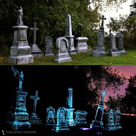 a small cemetery's worth of tombstones made by Tom Spina Designs out of EPS foam that glow in the dark. Halloween Decorations Outdoor Cemetery, Grave Stones Ideas Halloween Diy, Graveyard Yard Decorations, Cemetery Decorations Halloween Diy, Glow In The Dark Tombstones, Cementary Decoration Ideas For Halloween, Outdoor Cemetery Halloween, Grave Yard Halloween Decorations Diy, Yard Cemetery Halloween