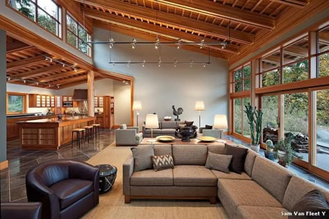 Slanted Ceiling Living Room, Interior Ceiling Design, Slanted Ceiling, Trendy Living Rooms, Living Room Windows, Living Room Remodel, Rustic Living Room, Living Room Diy, Modern House Exterior