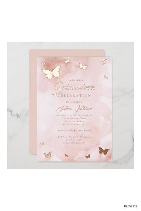 Quinceanera Pink, Pink Quince, Quince Invitations, Butterfly Invitations, Quince Decorations, Rose Gold Invitations, Sweet Sixteen Invitations, Quinceanera Themes, Purple Themes