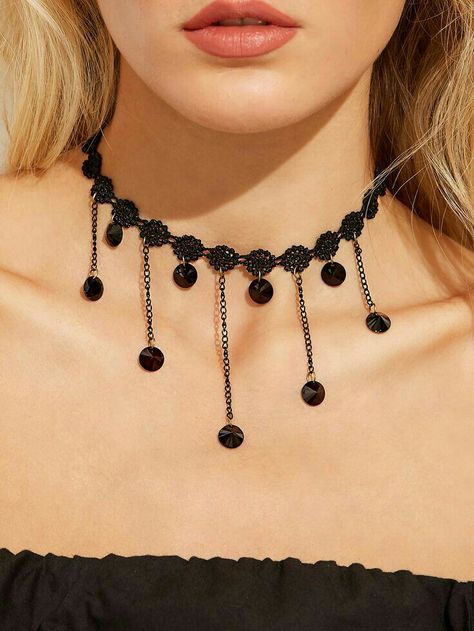 Lace Chocker Neckless, Shein Necklace, Choker Ideas, Diamond Moon Necklace, Black Jewelry Necklace, Black Lace Choker Necklace, Choker Necklace Online, Black Lace Choker, Lace Choker Necklace