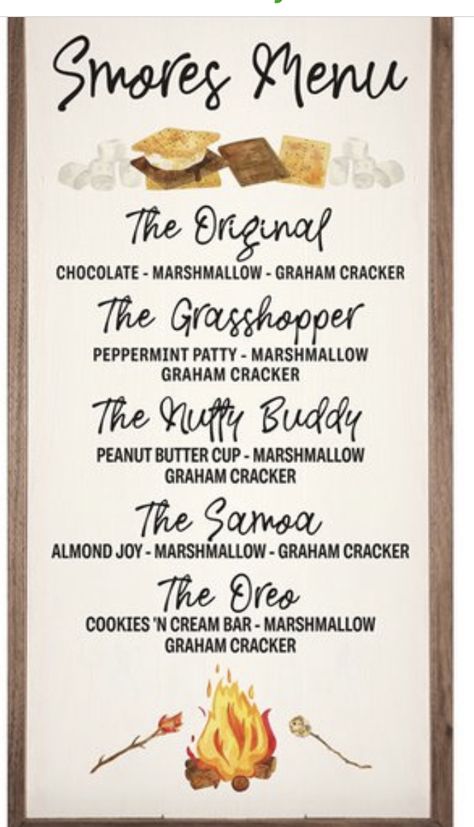 Fall is here.. New twists on our favorite Smores Menu, Smores Bar Party, Campfire Snacks, Bonfire Birthday, Smores Party, Smore Recipes, Bonfire Party, Menu Sign, S'mores Bar