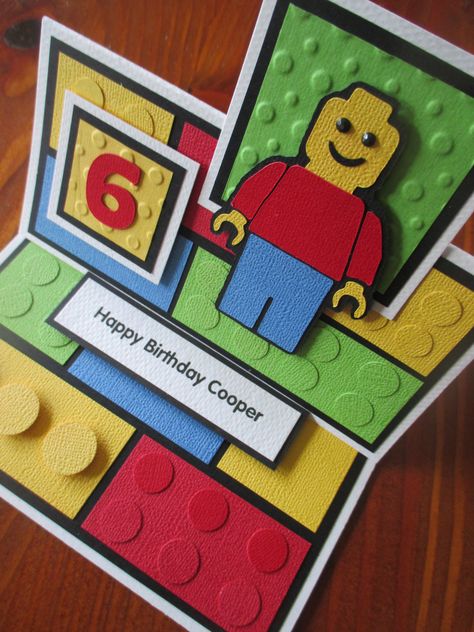 Lego Man Card Handmade Lego Birthday Card, Lego Birthday Card Diy, Lego Cards Handmade, Lego Cards, Lego Birthday Cards, Lego Card, Cascading Card, Print Greeting Cards, Birthday Cards For Boys