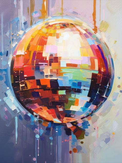 Disco Ball Art Print, Celebration Art Gcse, Ball Painting Art, Mirror Ball Painting, Disco Ball Collage, Disco Painting, Choir Poster, Disco Ball Drawing, Rainbow Disco Ball