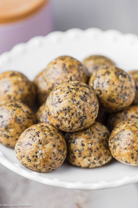 Chia Seed Protein Balls - Wholesome Patisserie Chia Seed Protein Balls, Seed Protein Balls, Chia Seed Snacks, Chia Seed Protein, Easy Sourdough Starter, Chia Seeds Protein, No Bake Energy, Snack Balls, No Bake Energy Bites