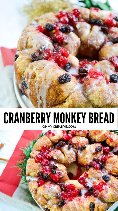 This is such an easy and beautiful holiday recipe. This cranberry raisin monkey bread is a soft, sweet breakfast pastry that can be served as a dessert. OHMY-CREATIVE.COM #cranberrymonkeybread #pullapartbread #holidaymonkeybread #holidaybread #breakfastpullapartbread #breakfastmonkeybread Cranberry Monkey Bread Recipe, Cranberry Monkey Bread, Cranberry Brie Monkey Bread, Cranberry Cinnamon Roll Monkey Bread, Holiday Pull Apart Bread, Cranberry Orange Monkey Bread, Cranberry Cinnamon Rolls, Pillsbury Monkey Bread Recipe, Holiday Monkey Bread