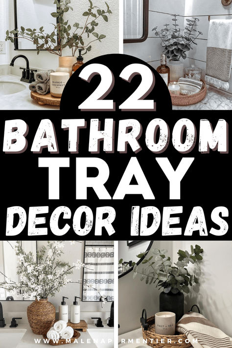 22 Bathroom Tray Decor Ideas For A Practical & Pretty Counter Bathroom Tray Styling, Bathroom Tray Decor Ideas, Bathroom Tiered Tray Decor, Mirror Tray Decor, Round Tray Decor, Bathroom Tray Ideas, Bathroom Counter Ideas, Bathroom Tray Decor, Bathroom Counter Decor Ideas