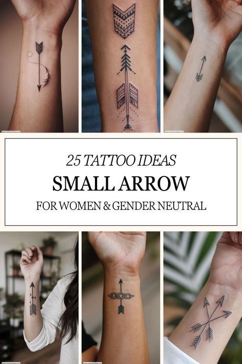 Collection of six small arrow tattoo designs on arms, showcasing minimalistic styles. Arrow Morse Code Tattoo, Matching Arrow Tattoos Friendship, Multiple Arrow Tattoo, Large Arrow Tattoo, Minimal Arrow Tattoo, 5 Arrows Tattoo, Compass Arrow Tattoo Feminine, Mother Daughter Arrow Tattoos, American Traditional Arrow Tattoo