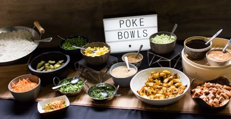 Need a lighter option for your party? Build Your Own Poke Station!   #poke #shrimp #tuna #seafood #northernfork #chicagocatering #events #healthy Poke Bar Party, Poke Bowl Buffet Ideas, Poke Bowl Station, Poke Bowl Party, Sweet 16 Food, Picnic Bday, Poke Bar, Food Station Ideas, Catered Food