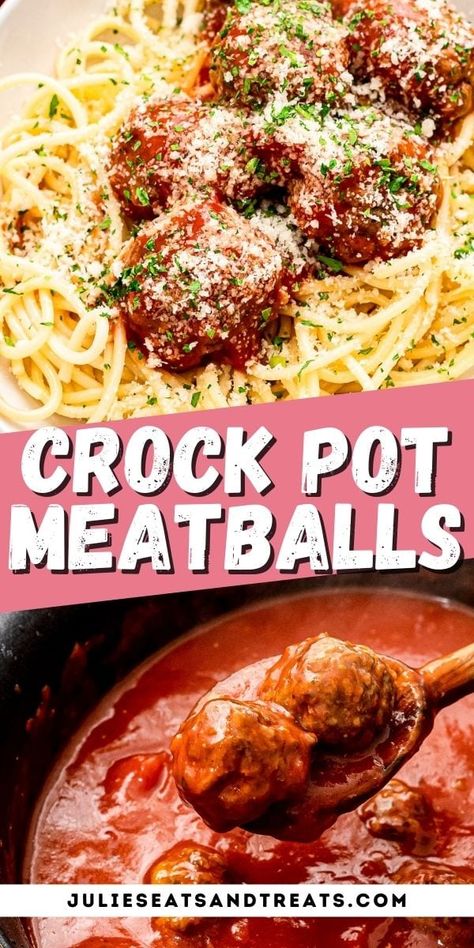 These Italian Style meatballs are broiled then slow cooked in spaghetti sauce all day for a tender, moist and flavorful meatball to pile on top of spaghetti! These Crock Pot Meatballs will be a go-to dinner recipe that your family will love. They can also be served plain as an appetizer.  #crockpot #meatballs Appetizer Crockpot, Meatballs Italian, Meatballs Crockpot, Crockpot Meat, Crockpot Meatballs, Meatball Recipes Crockpot, Italian Style Meatballs, Crockpot Spaghetti, Sleeveless Sweaters