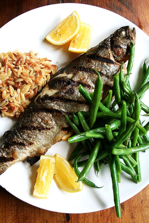 Whole Grilled Trout, Steamed Green Beans, Brown Butter Orzo “Risotto” Butter Orzo, Orzo Risotto, Raisin Salad, Carrot Raisin Salad, Grilled Trout, Swiss Chard Recipes, Trout Recipes, Pbs Food, Chard Recipes