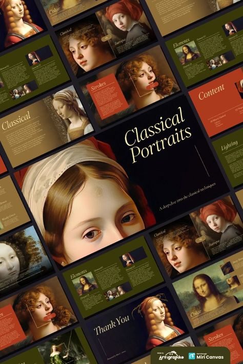 . Explore the evolution of Renaissance art and discover the masters who created the iconic works of this Portrait Presentation Design, Presentation Design Elegant, Slide Presentation Design Backgrounds, Art Presentation Design, Slides Design Ideas, Powerpoint Design Templates Free, History Presentation Design, Canva Design Ideas Presentation, History Presentation Ideas