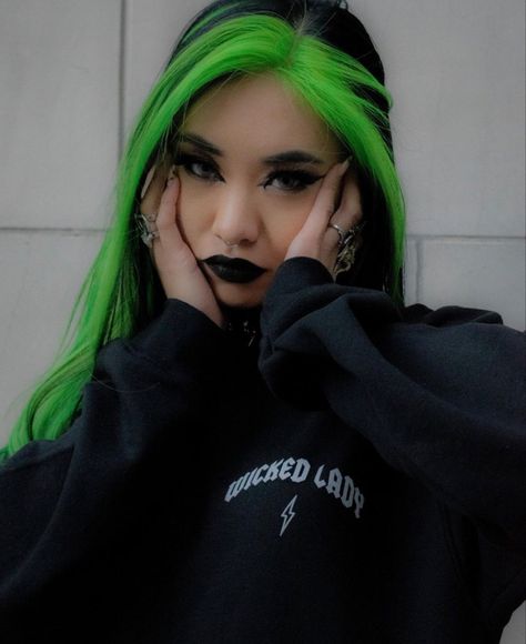 Black Green Split Dye, Long Black And Green Hair, Cute Split Dyed Hair, Lime Green Money Piece Hair, Side Part Split Dye, Neon Green Peekaboo Hair, Neon Green Hair Streaks, Black And Neon Green Hair, Shego Hair