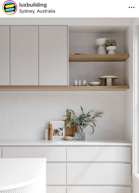 Kitchen Interior Ikea, Home Decor Styling, Matte White Kitchen Cabinets, Ikea Japandi Kitchen, Japandi White Kitchen, Scandi Modern Kitchen, Stacked Kitchen Backsplash, Kitchen Inspiration Design Modern, Kitchen Cupboard Layout