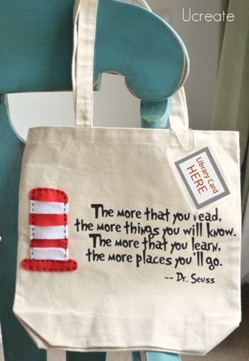 Library Bags, Library Book Bag, Library Tote Bag, Library Tote, Tote Tutorial, Dr. Seuss, Library Bag, Program Ideas, Cat In The Hat