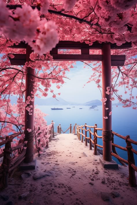 A Torii Gate is covered with beautiful Cherry Blossom flowers. This is an AI artwork made by using Midjourney. Fantasy Cherry Blossom Forest, Cherry Blossom Anime Background, Japan Cherry Blossom Aesthetic, Japanese Cherry Blossom Aesthetic, Japan Sakura Cherry Blossoms, Cherry Blossom Anime, Japan Blossom, Wallpaper Cherry Blossom, Cherry Blossom Photography