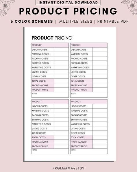 Product Pricing Printable, Item Pricing, Product Price Calculator, Business Costs, Small Business, Planner Insert, A4, A5, Letter freeplannerpages #academicplanner #travelplannertemplatenotion Small Business Financial Planner, Small Business Set Up, Business Planner Printables, Price Calculator, Travel Planner Template, Pricing Templates, Small Business Organization, Small Business Planner, Small Business Social Media