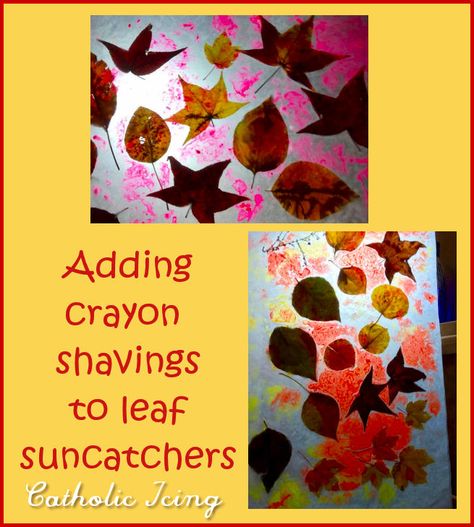 adding crayon shavings to ironed leaf suncatchers Leaves Wax Paper Iron, Fall Suncatchers, Leaf Suncatchers, Leaf Projects, Catholic Crafts, Wax Crayons, Leaf Crafts, Packing Tape, Small Leaf