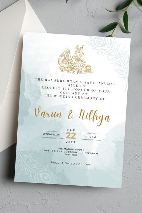 Pastel Indian wedding invitations with gold detailing and peacock design. Pastel Indian Wedding, Green Indian Wedding, Modern Indian Wedding Invitations, Pastel Wedding Invitations, Peacock Wedding Invitations, Peacock Feather Design, Indian Wedding Invitation, Modern Indian Wedding, Invite Ideas