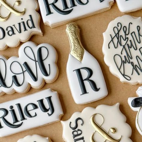 Laurel Fleming on Instagram: "Engagements, showers, weddings, oh my! 💍🖤
.
.
.
#bridalshowercookies #misstomrscookies #futuremrscookies #bridetobe #weddingszn #bridecookies #bridalcookies #misstomrs #misstomrscookies #shesaidyes #engaged #engagementcookies #shesaidyescookies #mrandmrs #coupleshower #mrandmrscookies #weddingcookies #weddingshower #engagement #engagementcookies #weddingszn #mrandmrs #floralcookies #cookiedecorating #royalicingcookies #bakery #decoratedsugarcookies #decoratedcookies #sugarcookiemarketing #lousianabaker" Just Married Cookies Decorated, Simple Engagement Cookies, Bridesmaid Cookies, Bride Cookies, Engagement Cookies, Bridal Cookies, Black And White Cookies, Bridal Shower Cookies, Drunk In Love