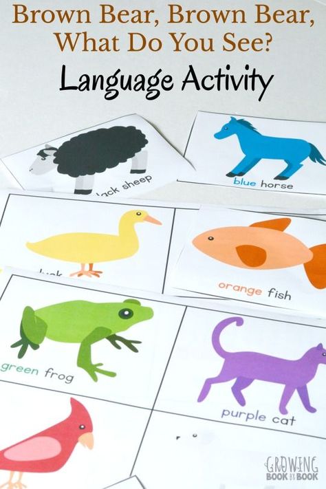 Brown Bear Brown Bear Printable Language Activity is a great way to get children asking questions and using critical thinking skills.  It's the perfect activity to do after reading Brown Bear, Brown Bear, What Do You See? via @growingbbb Communication And Language Activities, Brown Bear Brown Bear Activities, Brown Bear Book, Language Activities Preschool, Preschool Language Arts, Language Development Activities, Bear Printable, Brown Bear Brown Bear, Infant Room