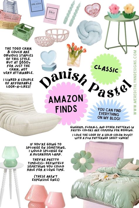 Collage of Amazon home decor finds for the Danish pastel decor aesthetic. Danish Room, Room Decor Amazon, Pastel Danish, Danish Pastel Decor, Danish Pastel Room, Danish Pastel Aesthetic, Pastel Bedroom, Pastel Room Decor, Pastel Room