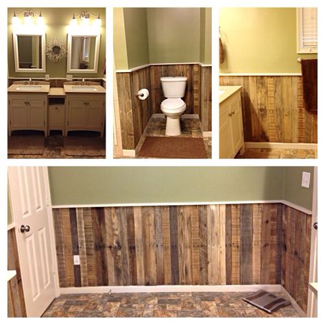 This Wainscoting is made up of 5 pallets planks that equal about 25 feet then topped off with painted 1"x2"x8". Lambriseringen Gang, Office Documents, Pallet Walls, Pallet Wall, Diy Pallet Projects, Rustic Bathroom, Wainscoting, New Wall, Pallet Furniture